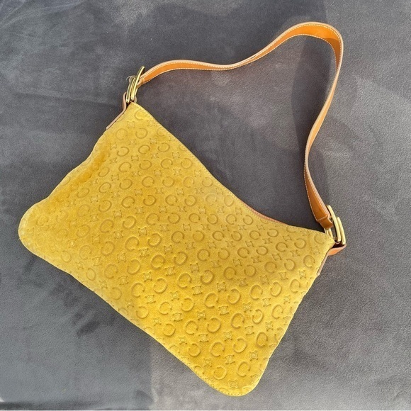RARE ❤️ Celine Vintage Golden Yellow Suede Leather C Logo Designer Shoulder Bag - Picture 1 of 16
